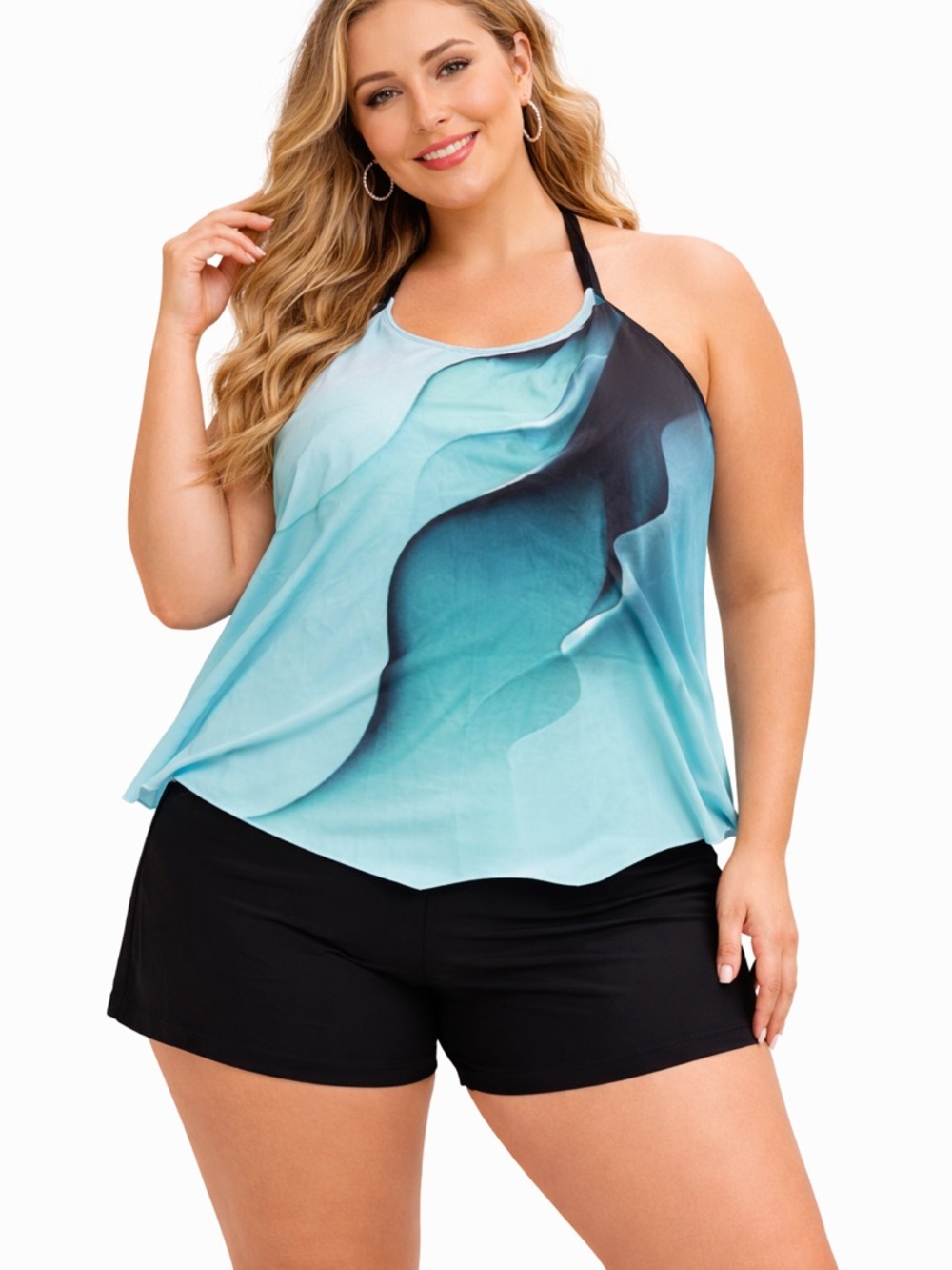 Plus Size Halter Swim Top and Shorts Set in Aqua Gradient